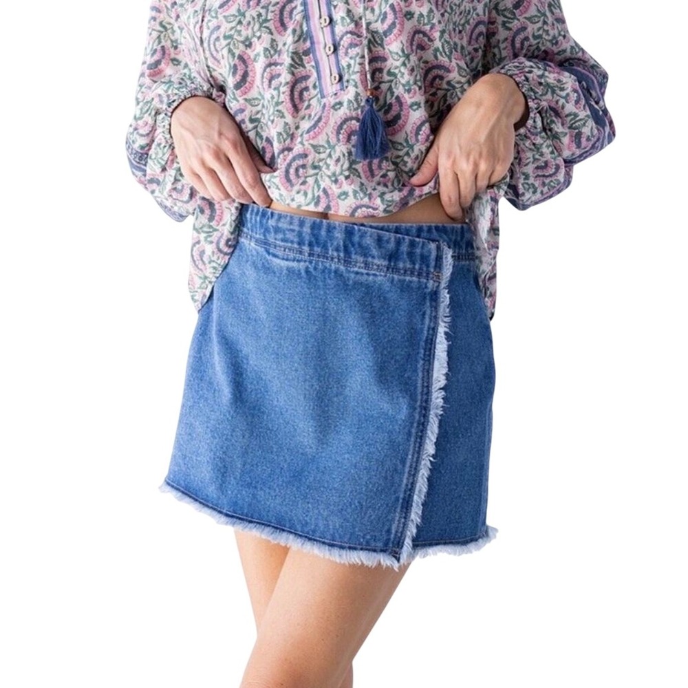 Natural Life Denim Wrap Mini Skirt Blue Frayed Fringe Trim Cotton Womens Large